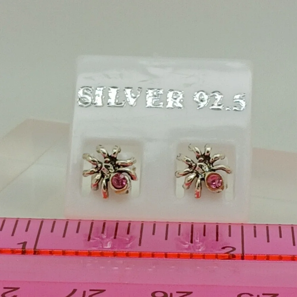 925 Sterling Silver Pink Rhinestone Spider Stud Earrings Arachnid Jewelry